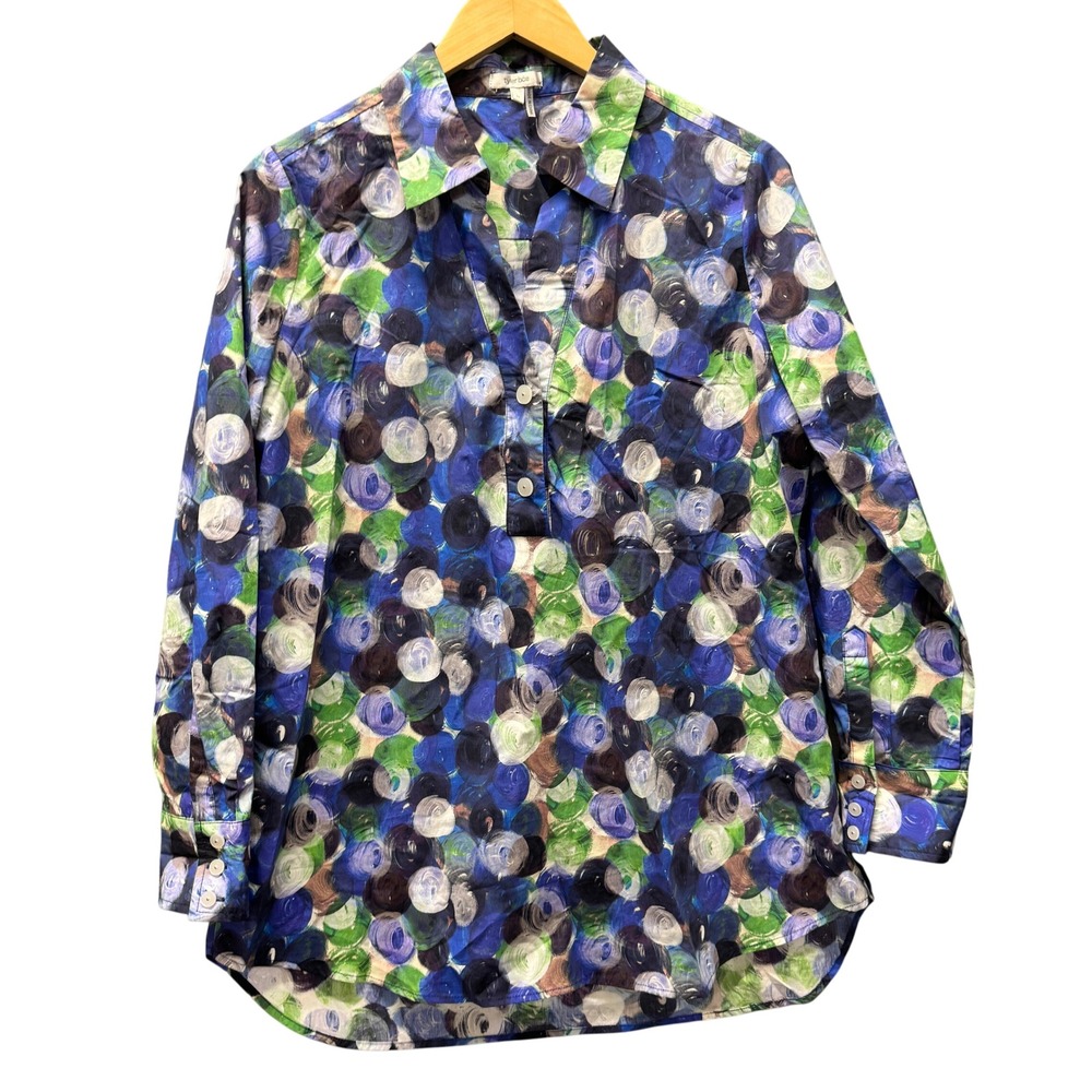 Tyler Boe Blouse Womens Medium‎ Abstract Polka Dot Blue Popover Tunic Coastal